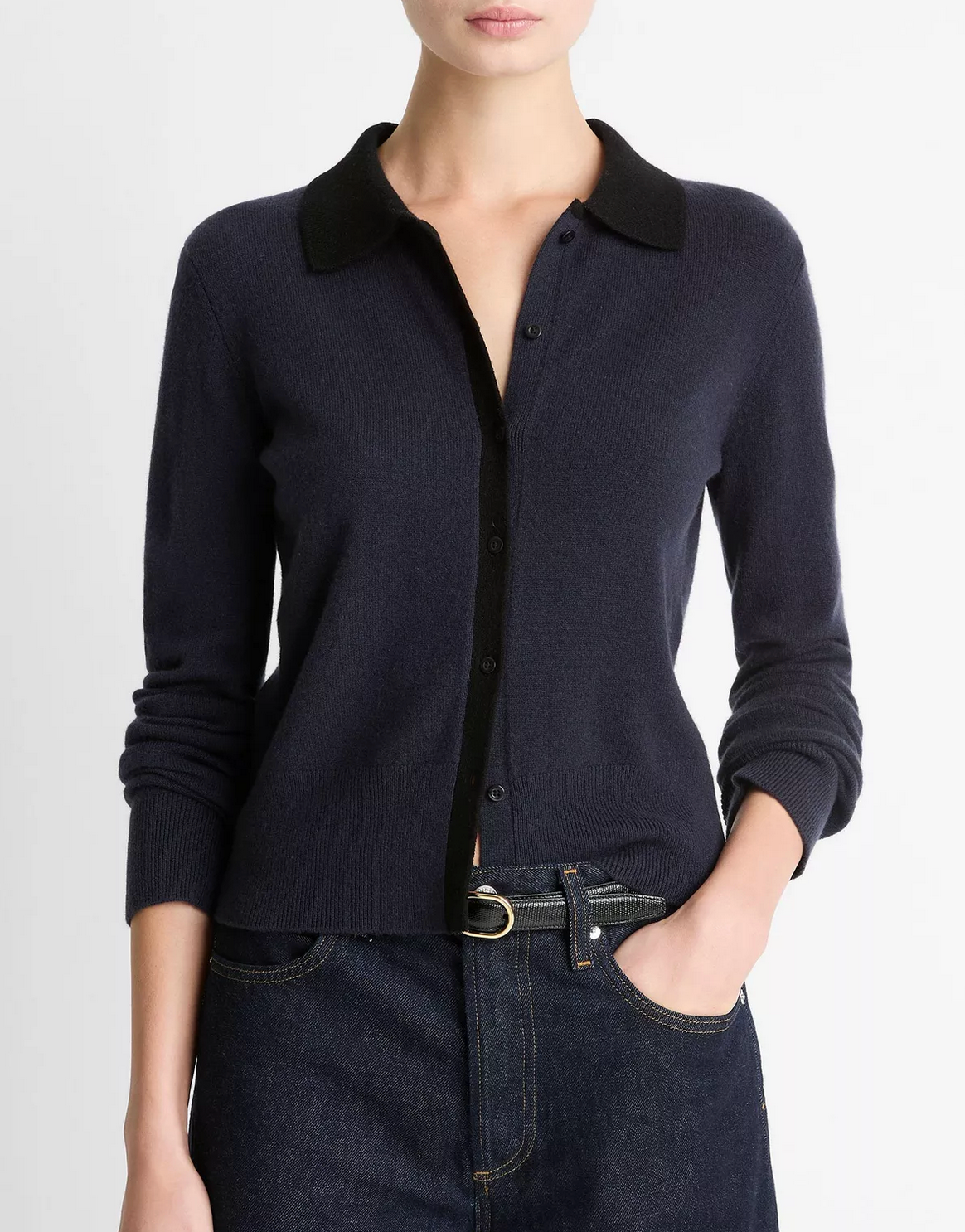 Contrast-Trim Wool & Cashmere-Blend Collared Cardigan-Sweaters-Vince-Night Marine/Black-XS-Mercantile Portland