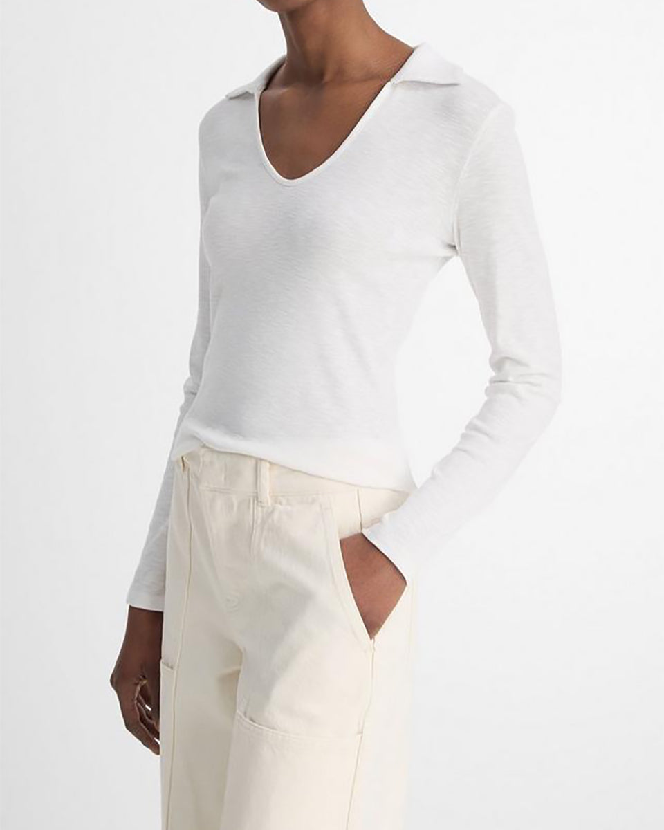 Cotton-Blend Long-Sleeve Polo Top-Tops-Vince-Off White-XXS-Mercantile Portland