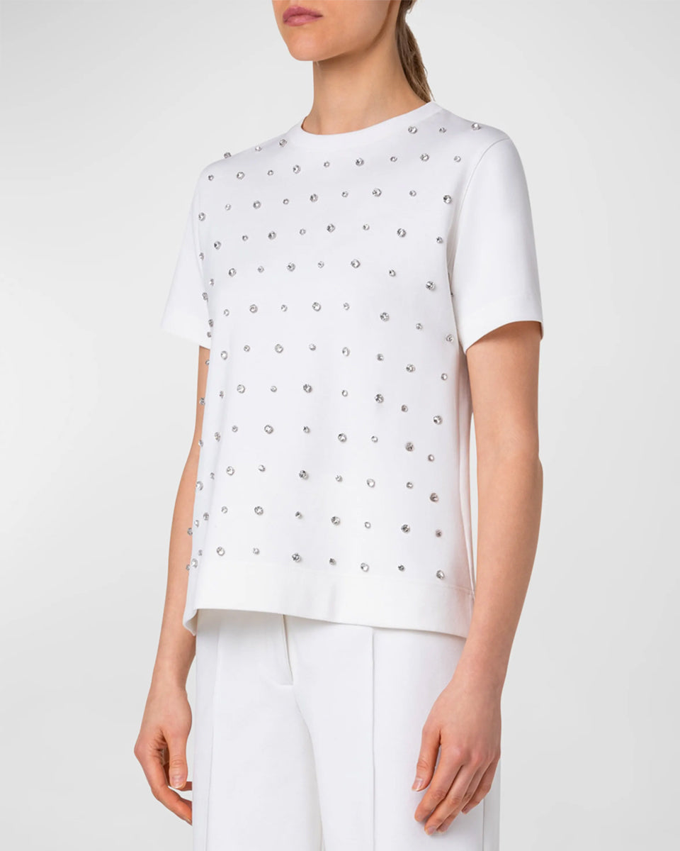 Cotton Jersey T-Shirt with Crystal Studs Embellishments-Shirts-Akris Punto-Cream-2-Mercantile Portland