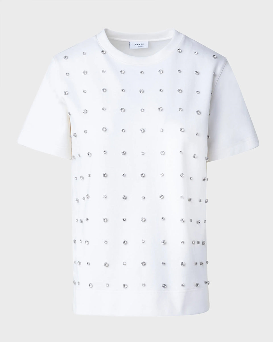 Cotton Jersey T-Shirt with Crystal Studs Embellishments-Shirts-Akris Punto-Cream-2-Mercantile Portland