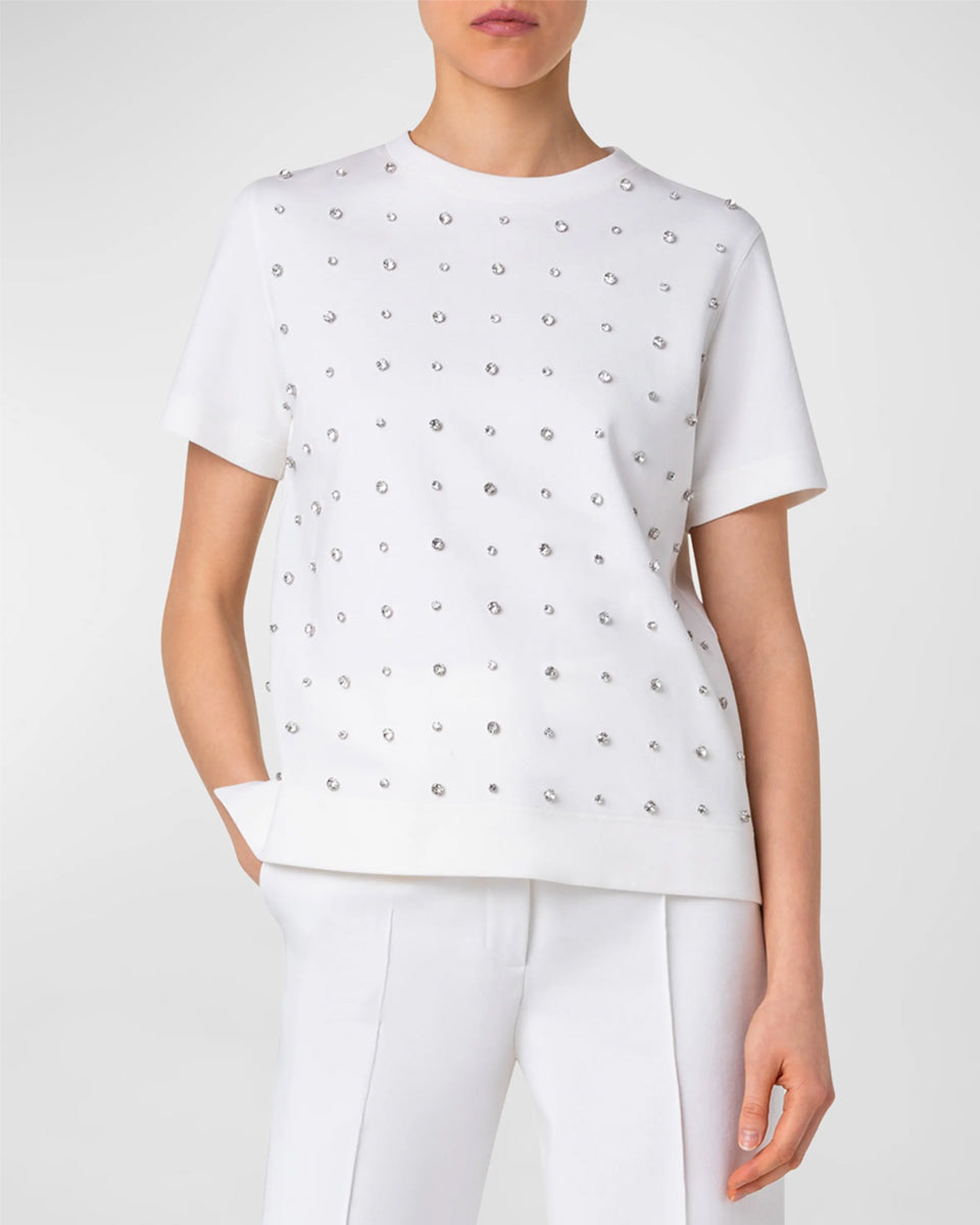 Cotton Jersey T-Shirt with Crystal Studs Embellishments-Shirts-Akris Punto-Cream-2-Mercantile Portland