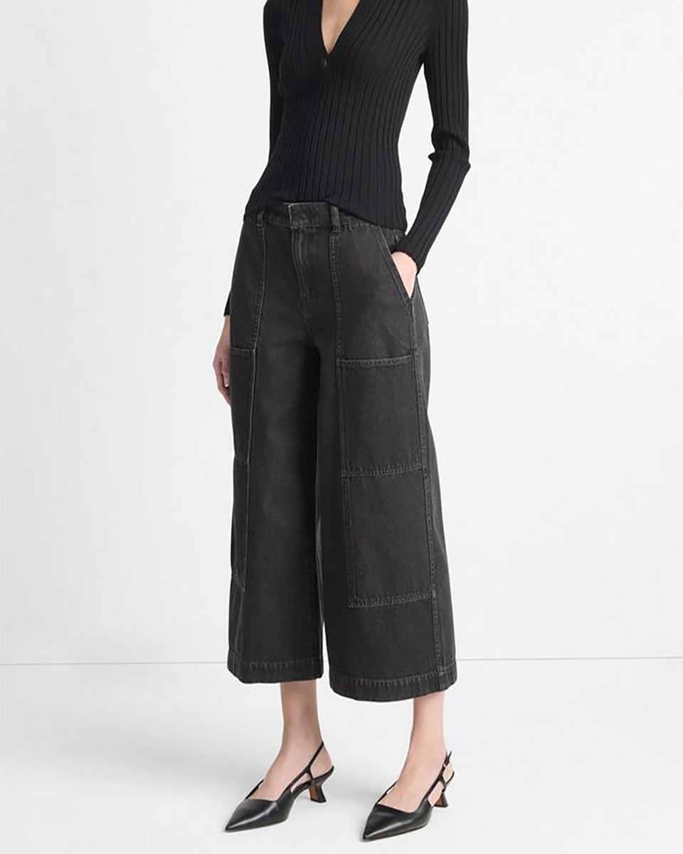 Cotton Mid-Rise Utility Wide Crop Pant-Clothing-Vince-Washed Black-24-Mercantile Portland