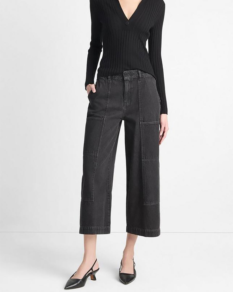 Cotton Mid-Rise Utility Wide Crop Pant-Clothing-Vince-Washed Black-24-Mercantile Portland