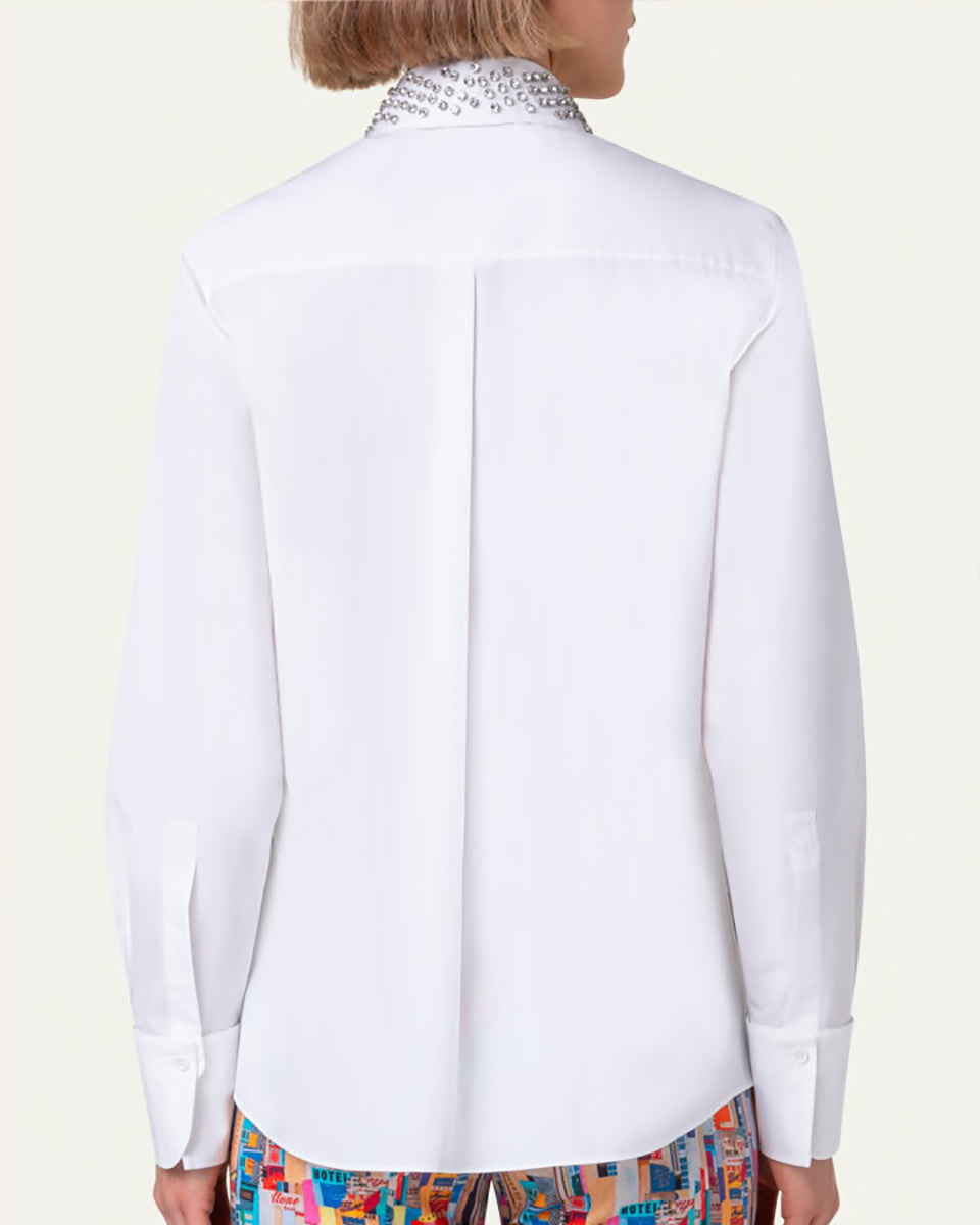 Cotton Poplin Button-Front Blouse with Detachable Crystal and Studs Collar-Clothing-Akris Punto-White-2-Mercantile Portland