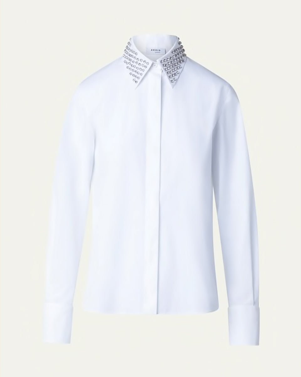 Cotton Poplin Button-Front Blouse with Detachable Crystal and Studs Collar-Clothing-Akris Punto-White-2-Mercantile Portland