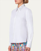 Cotton Poplin Button-Front Blouse with Detachable Crystal and Studs Collar-Clothing-Akris Punto-White-2-Mercantile Portland