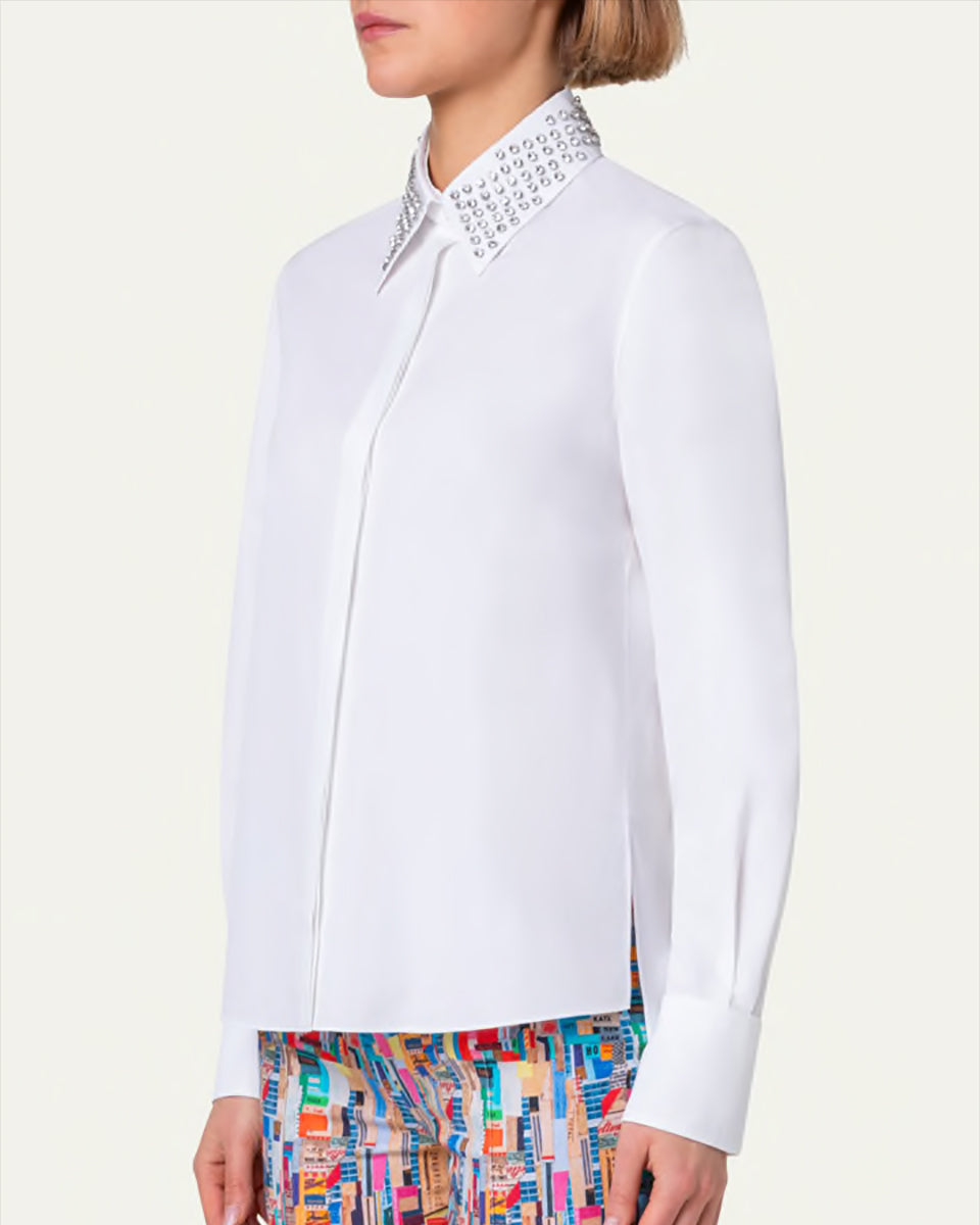 Cotton Poplin Button-Front Blouse with Detachable Crystal and Studs Collar-Clothing-Akris Punto-White-2-Mercantile Portland