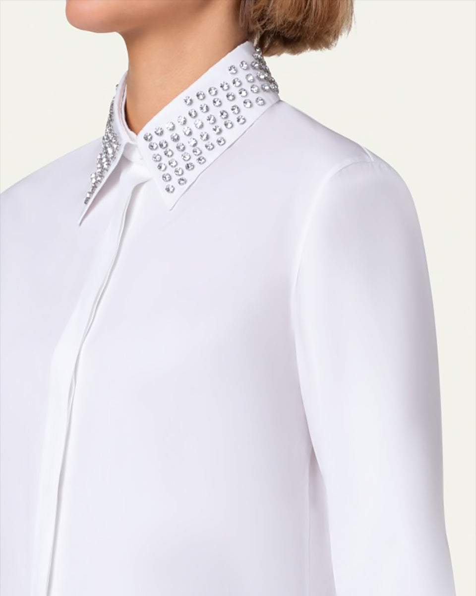 Cotton Poplin Button-Front Blouse with Detachable Crystal and Studs Collar-Clothing-Akris Punto-White-2-Mercantile Portland