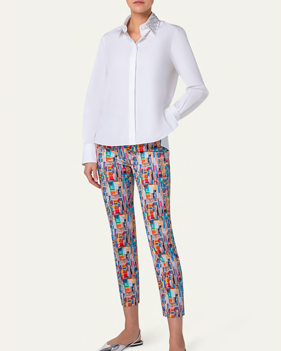 Cotton Poplin Button-Front Blouse with Detachable Crystal and Studs Collar-Clothing-Akris Punto-White-2-Mercantile Portland