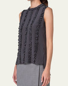 Crepe De Chine Pin Dot Blouse with Ruffle Details-Clothing-Akris Punto-Black/Cream-2-Mercantile Portland