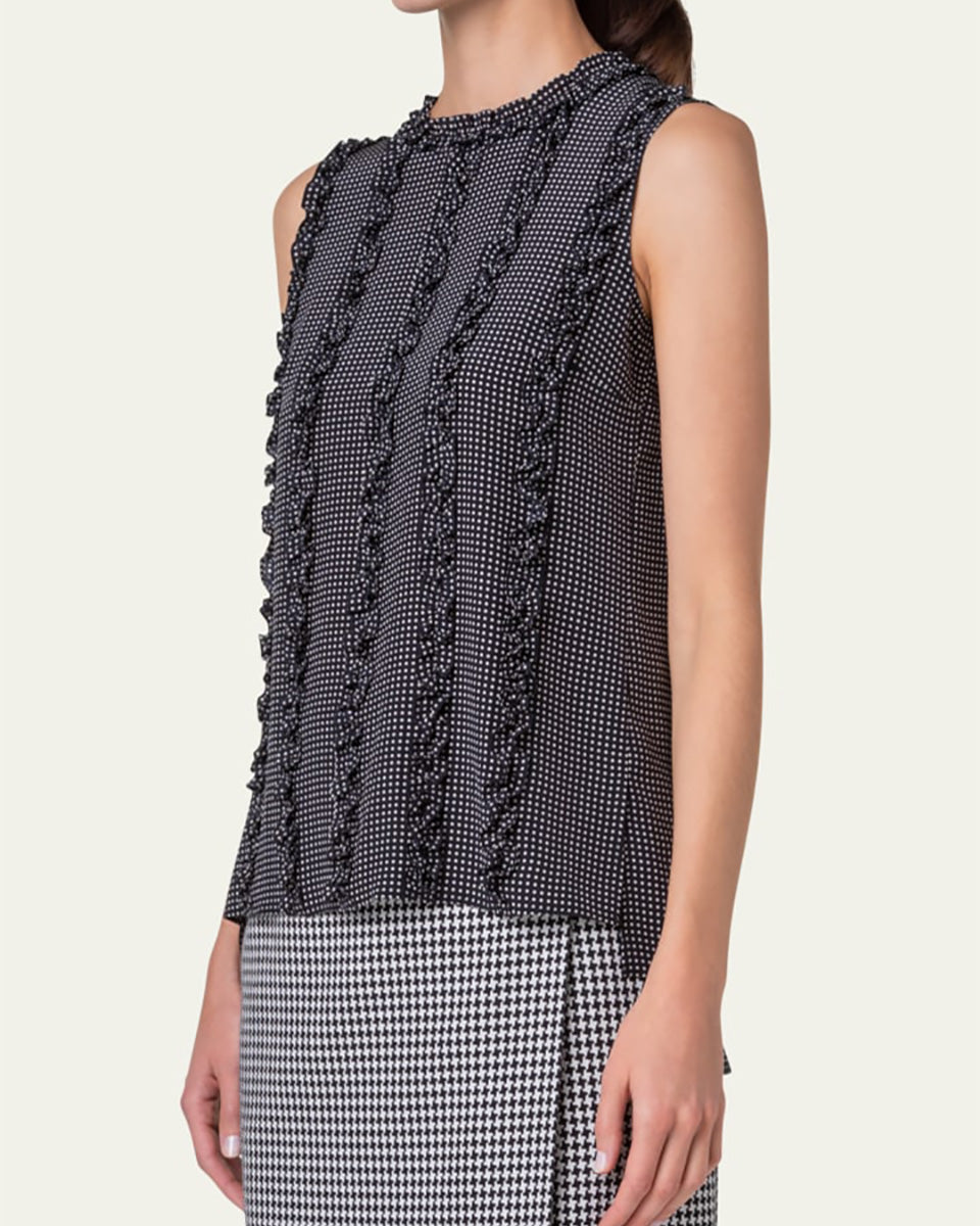 Crepe De Chine Pin Dot Blouse with Ruffle Details-Tops-Akris Punto-Black/Cream-2-Mercantile Portland