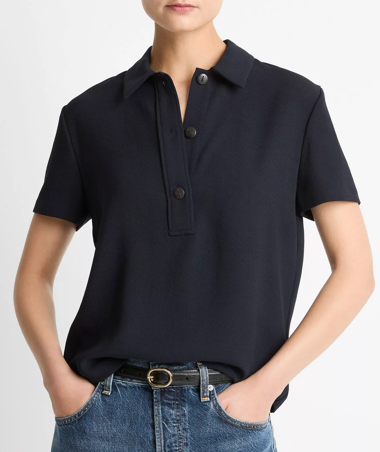 Crepe Polo Shirt-Tops-Vince-Coastal Blue-XS-Mercantile Portland