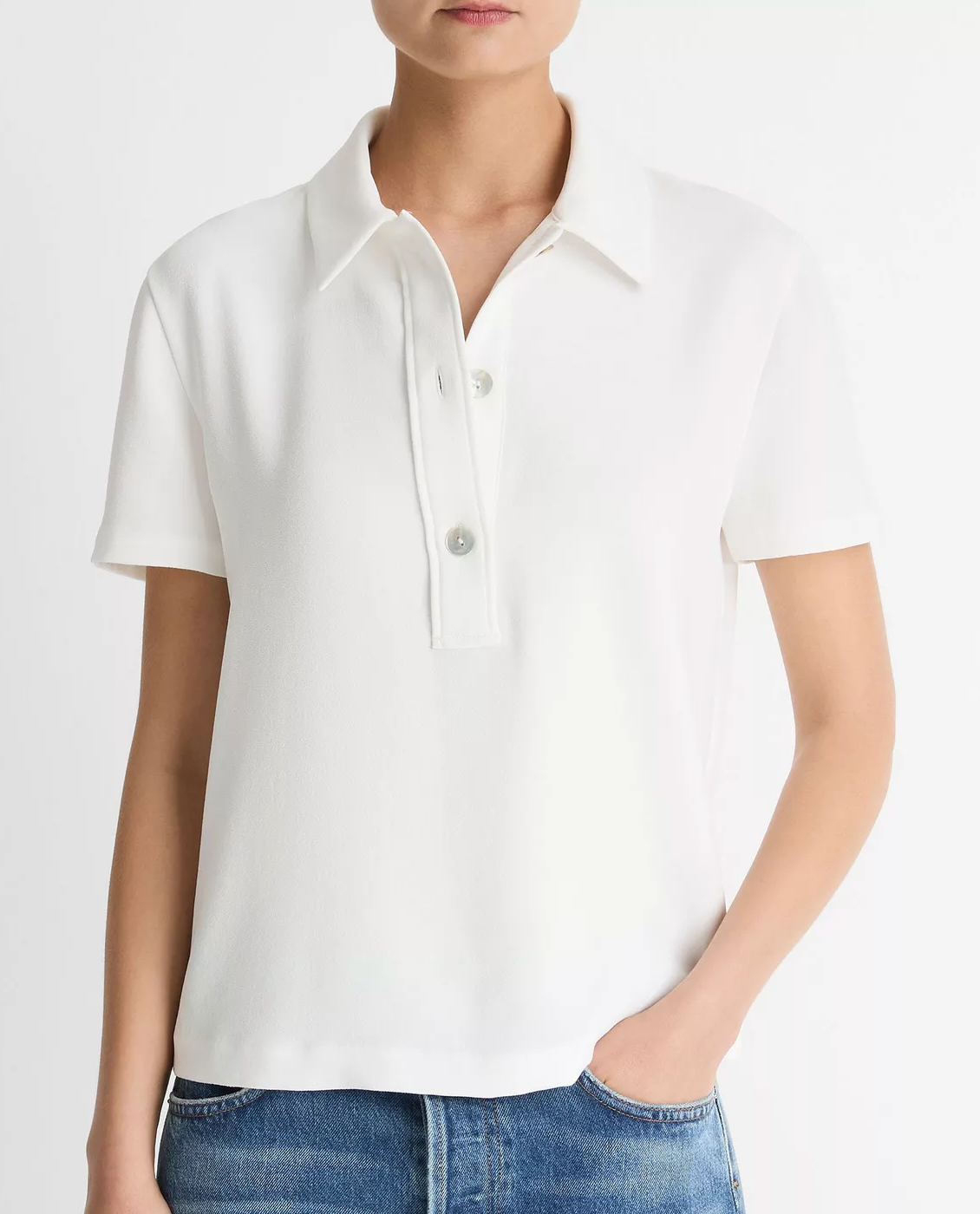 Crepe Polo Shirt-Tops-Vince-Off White-XS-Mercantile Portland