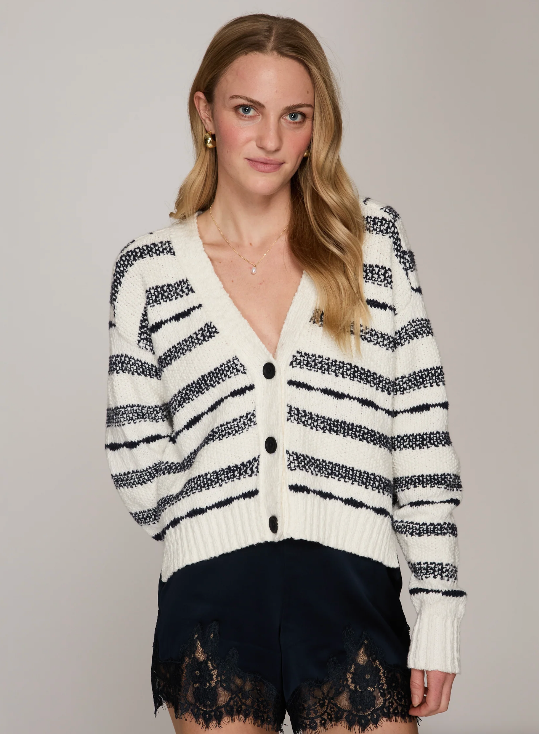 Cropped 2-Tone Cardigan-Sweaters-Autumn Cashmere-White/Navy-XS-Mercantile Portland