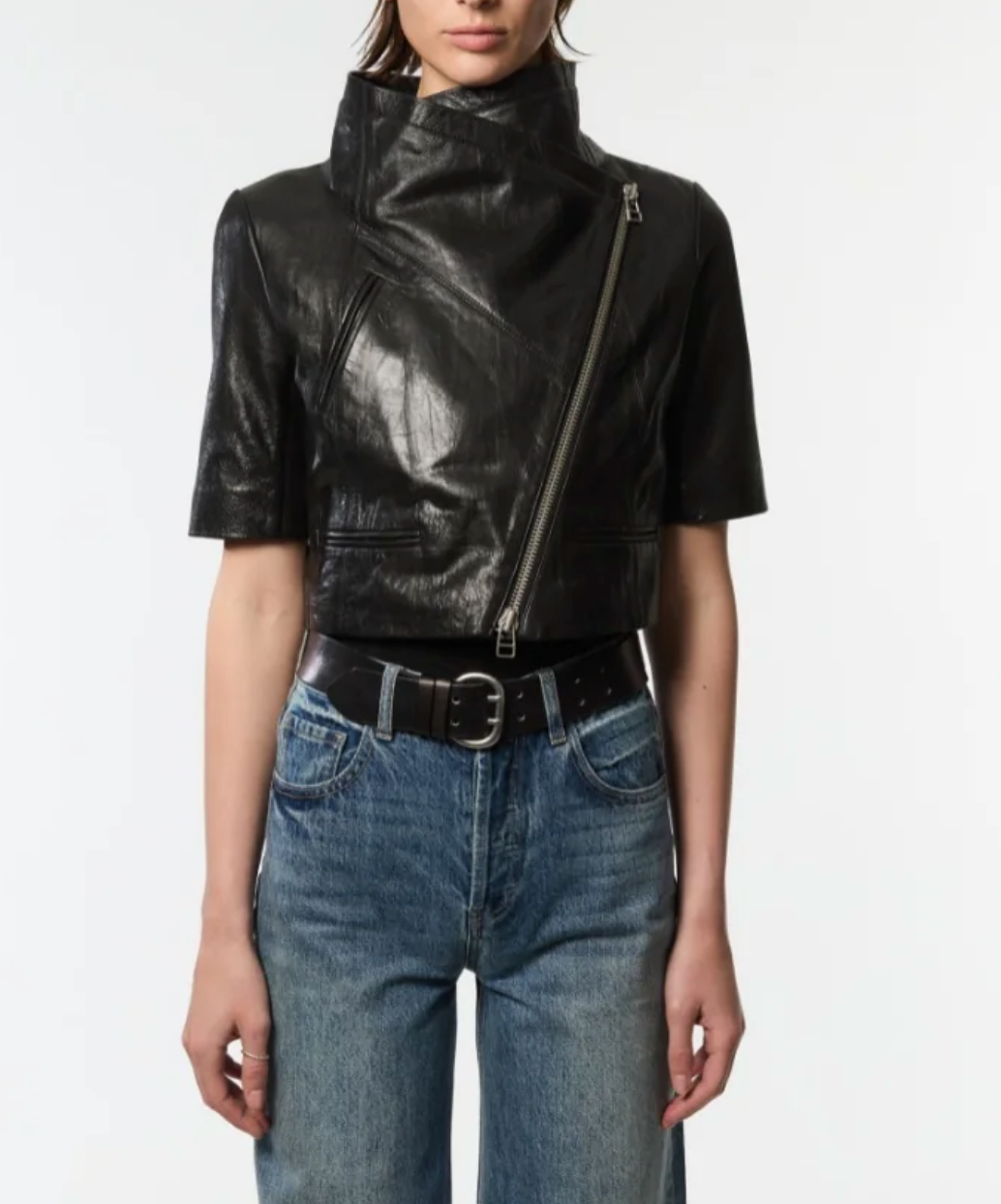 Cropped Leather Jacket in Black-Outerwear-Yigal Azrouel-Black-4-Mercantile Portland