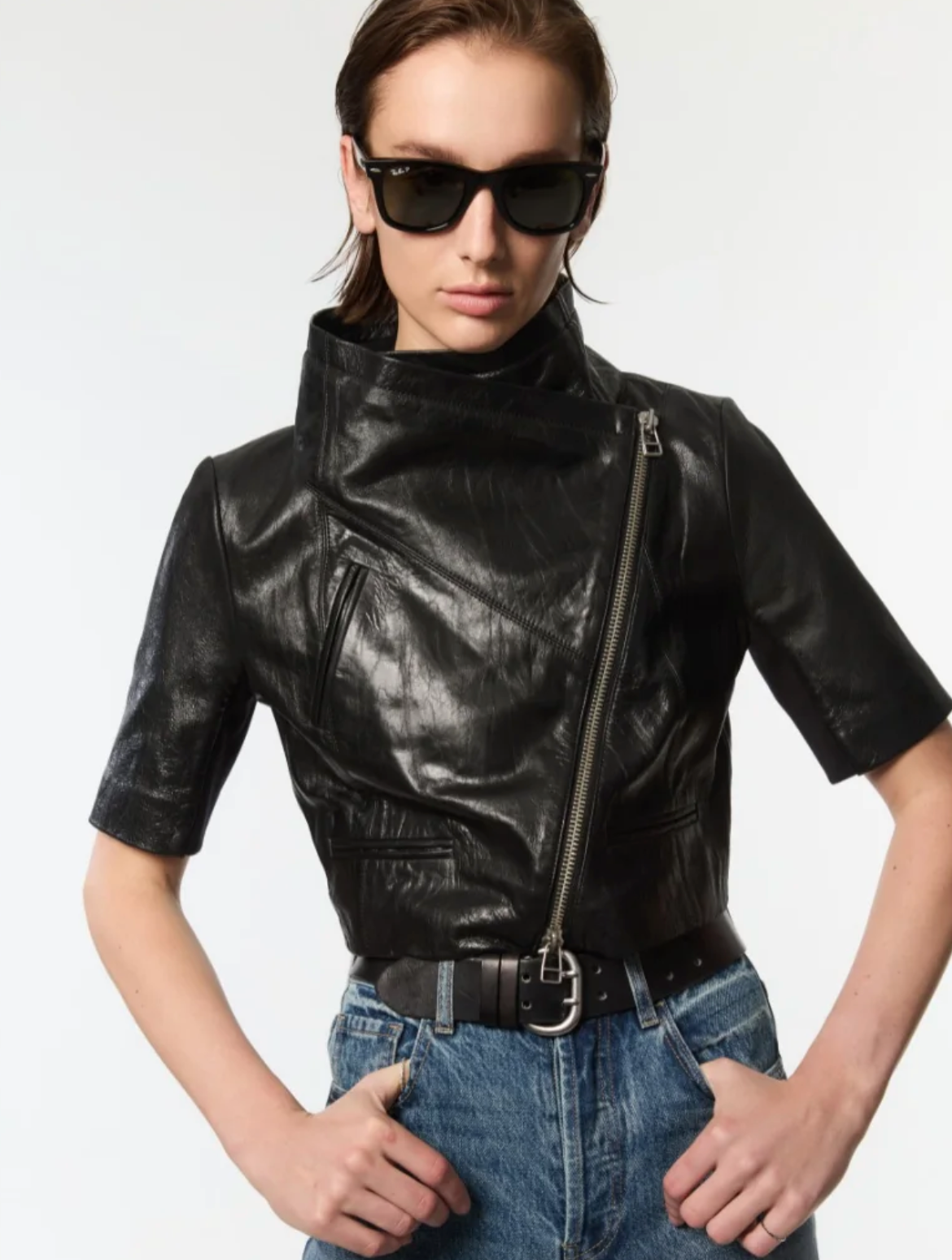Cropped Leather Jacket in Black-Outerwear-Yigal Azrouel-Black-4-Mercantile Portland
