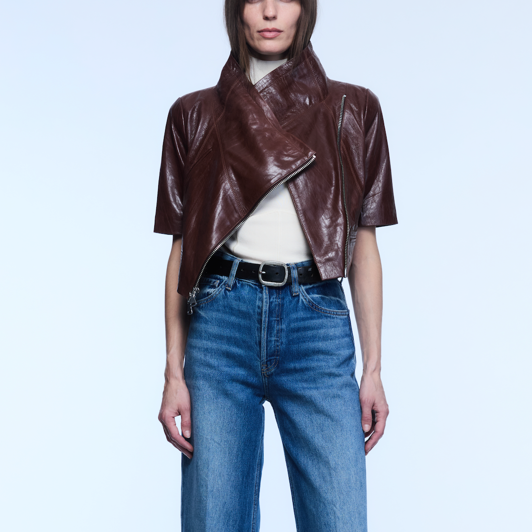 Cropped Leather Moto in Chocolate-Jackets-Yigal Azrouel-Chocolate-2-Mercantile Portland