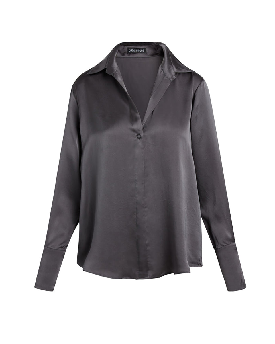 Daria French Cuff Silk Blouse-Tops-Catherine Gee-Pewter_Daria-XS-Mercantile Portland