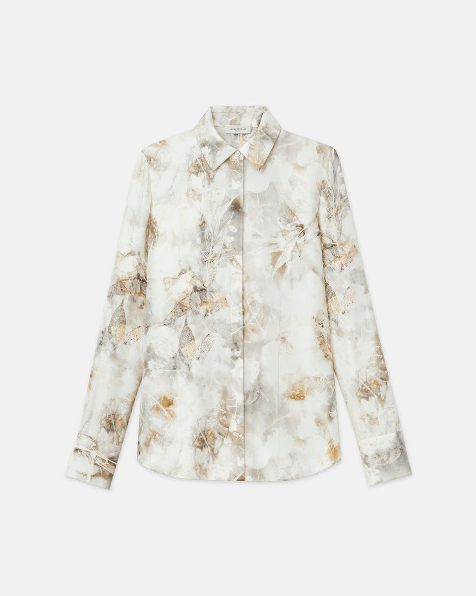Eco Leaves Print Silk Twill Buttoned Blouse-Shirts-Lafayette 148-Pebble Multi-XS-Mercantile Portland
