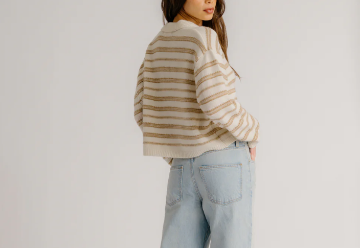 Elsie Relaxed Stripe Cashmere Polo-Sweaters-Sablyn-Gardenia Camel-XS-Mercantile Portland