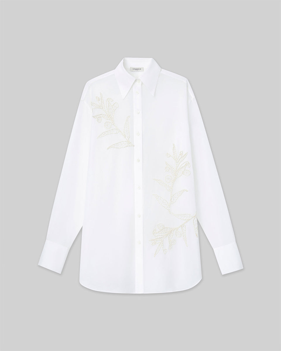 Embroidered Flora Cotton Voile Oversized Shirt-Shirts-Lafayette 148-White-XS-Mercantile Portland