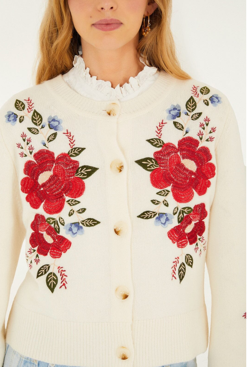 Embroidered Flowers Buttoned Cardigan-Sweaters-Farm Rio-Cream-XXS-Mercantile Portland