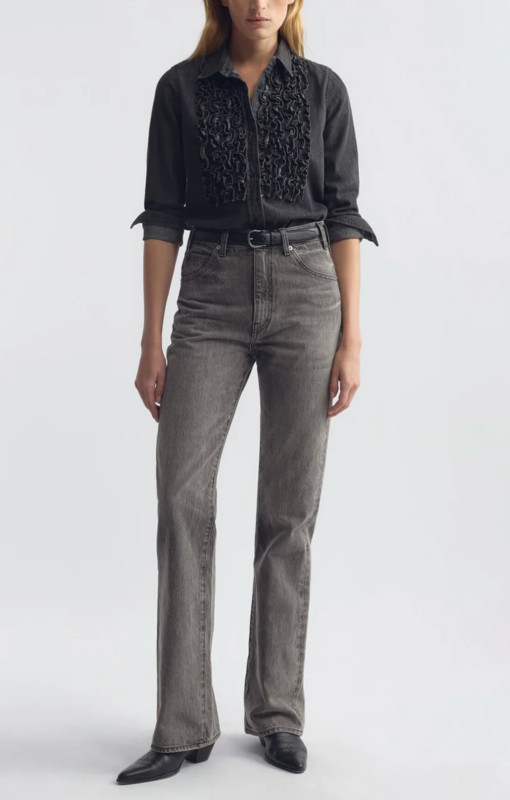 Emilie Ruffle Denim shirt-Shirts-Nili Lotan-Faded Black Wash-XS-Mercantile Portland