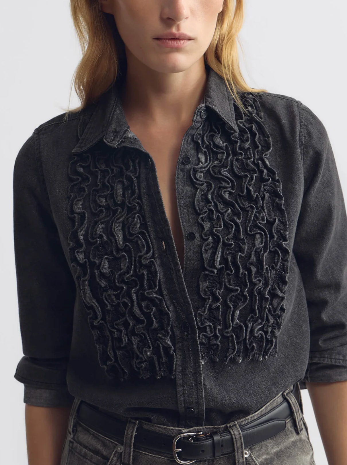 Emilie Ruffle Denim shirt-Shirts-Nili Lotan-Faded Black Wash-XS-Mercantile Portland