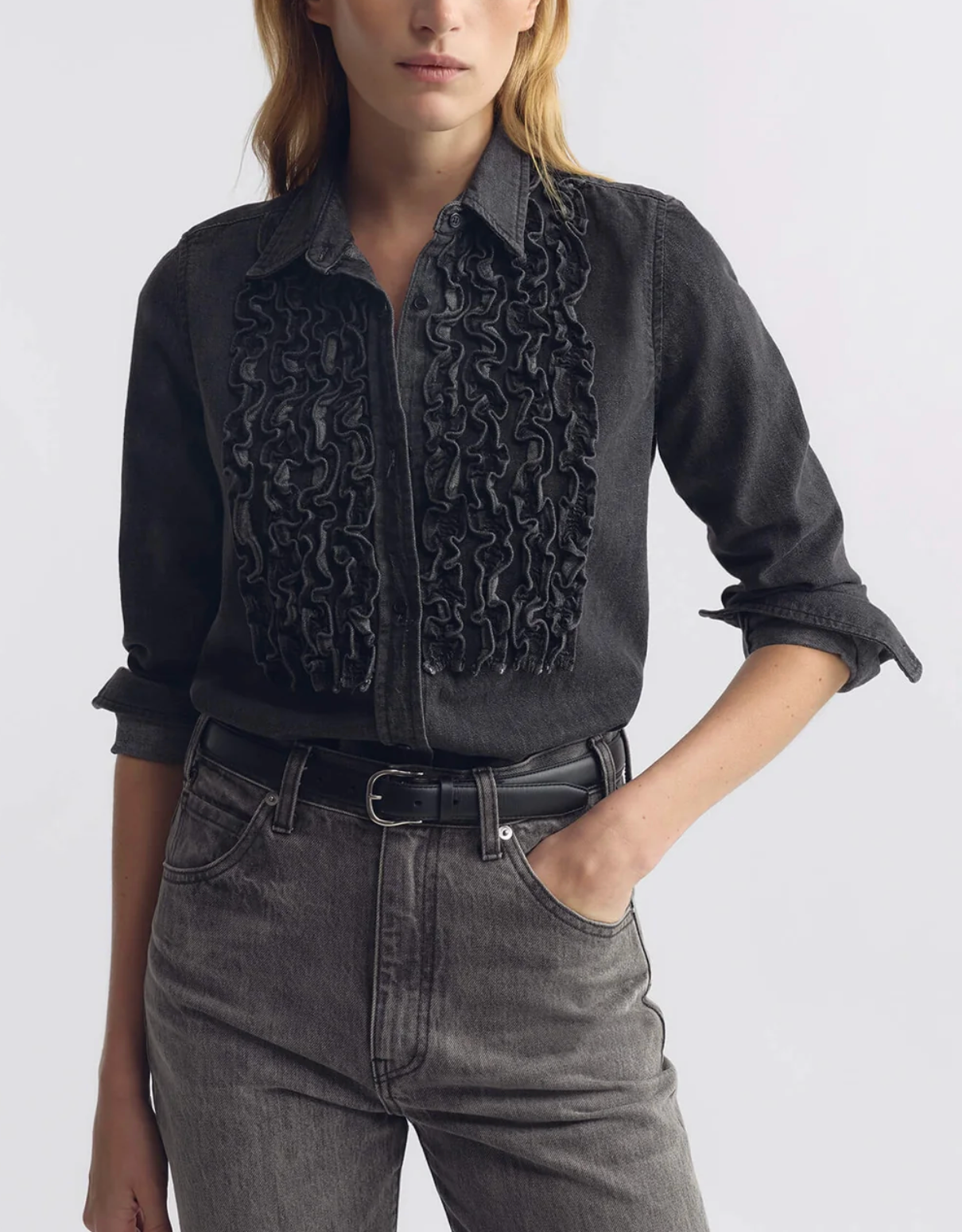 Emilie Ruffle Denim shirt-Shirts-Nili Lotan-Faded Black Wash-XS-Mercantile Portland