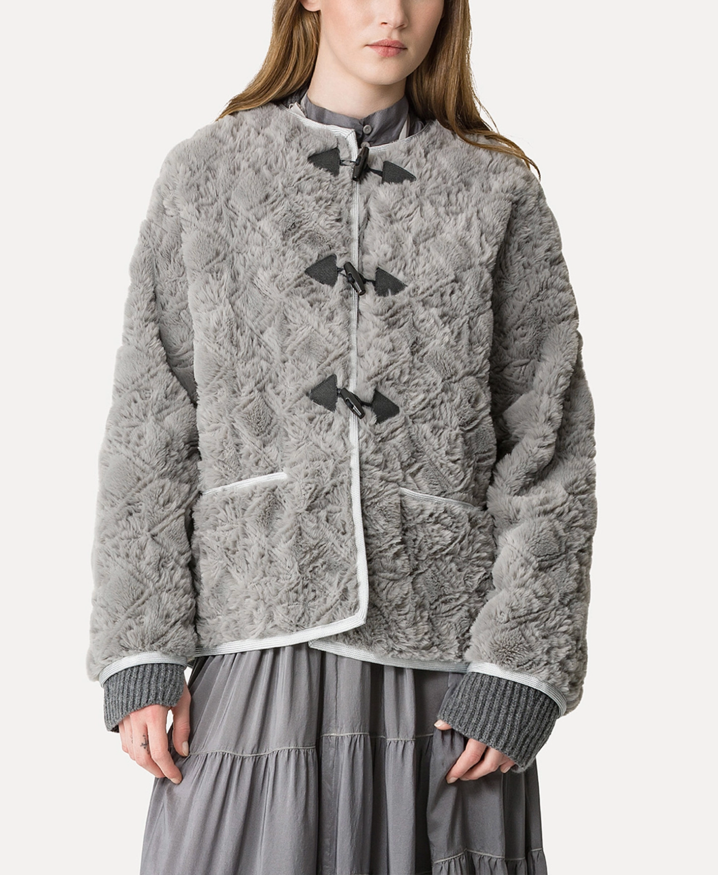 Faux Fur Jacket With Embroidered Toggle Fastenings-Jackets-Forte Forte-00-Pearl-Mercantile Portland