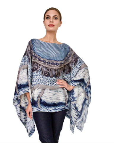 Feathers Cashmere Printed Poncho-Kaftans and Ponchos-Rani Arabella-Blue-OS-Mercantile Portland