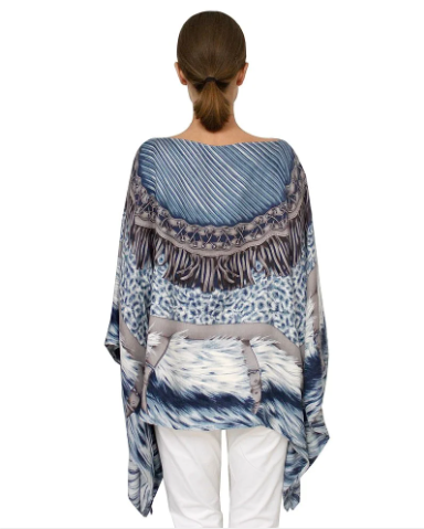 Feathers Cashmere Printed Poncho-Kaftans and Ponchos-Rani Arabella-Blue-OS-Mercantile Portland