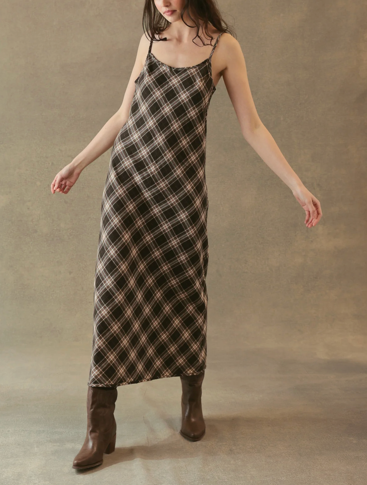 Freda Plaid Bias Cut Slip Dress-Dresses-27 Miles-Black / Brown-XS-Mercantile Portland