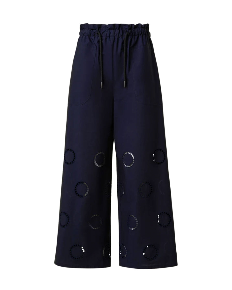 Frey Cotton Drawstring Pants with Circle Eyelet Embroidery-Pants-Akris Punto-Navy-2-Mercantile Portland