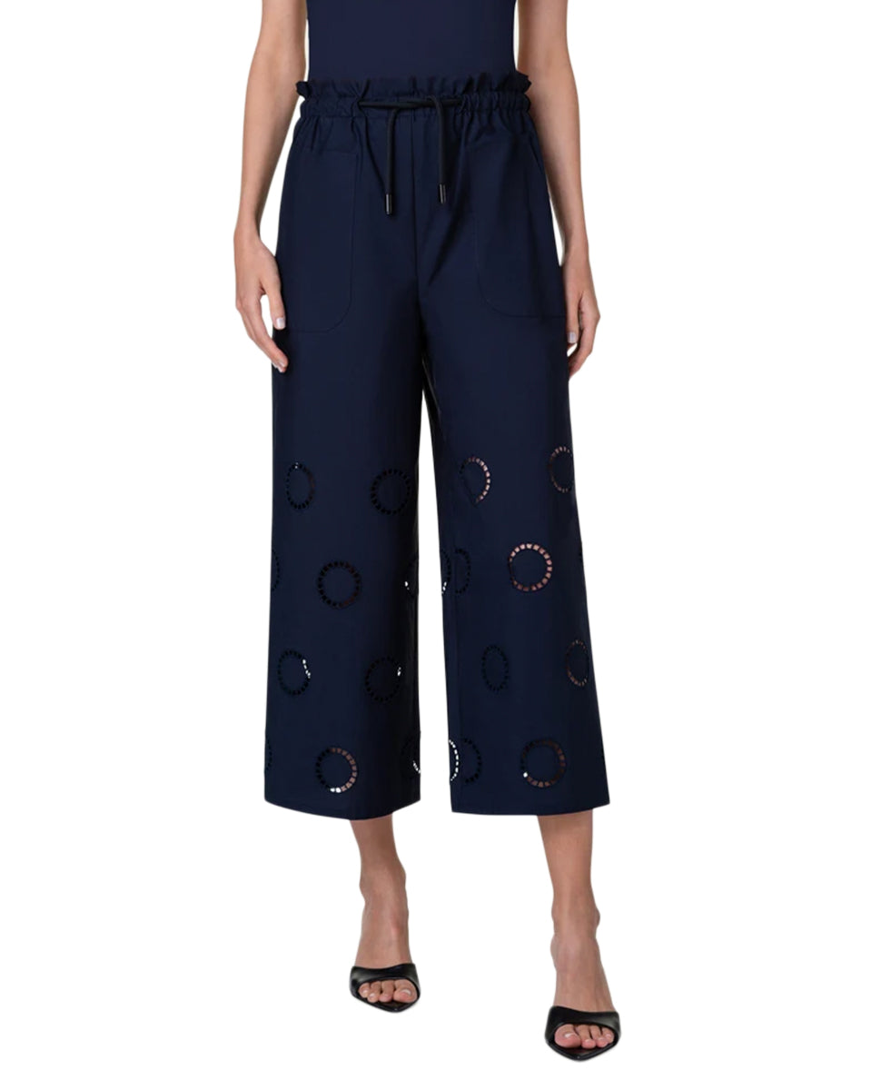 Frey Cotton Drawstring Pants with Circle Eyelet Embroidery-Pants-Akris Punto-Navy-2-Mercantile Portland