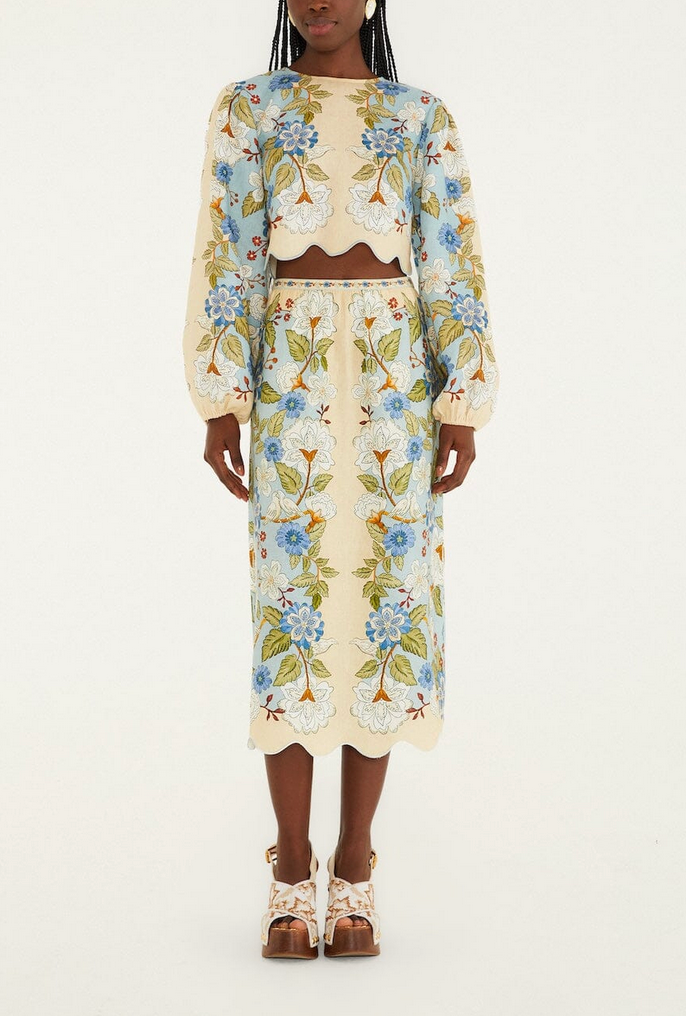 Garden Scarf Linen Blouse-Tops-Farm Rio-Cream / Blue-XS-Mercantile Portland