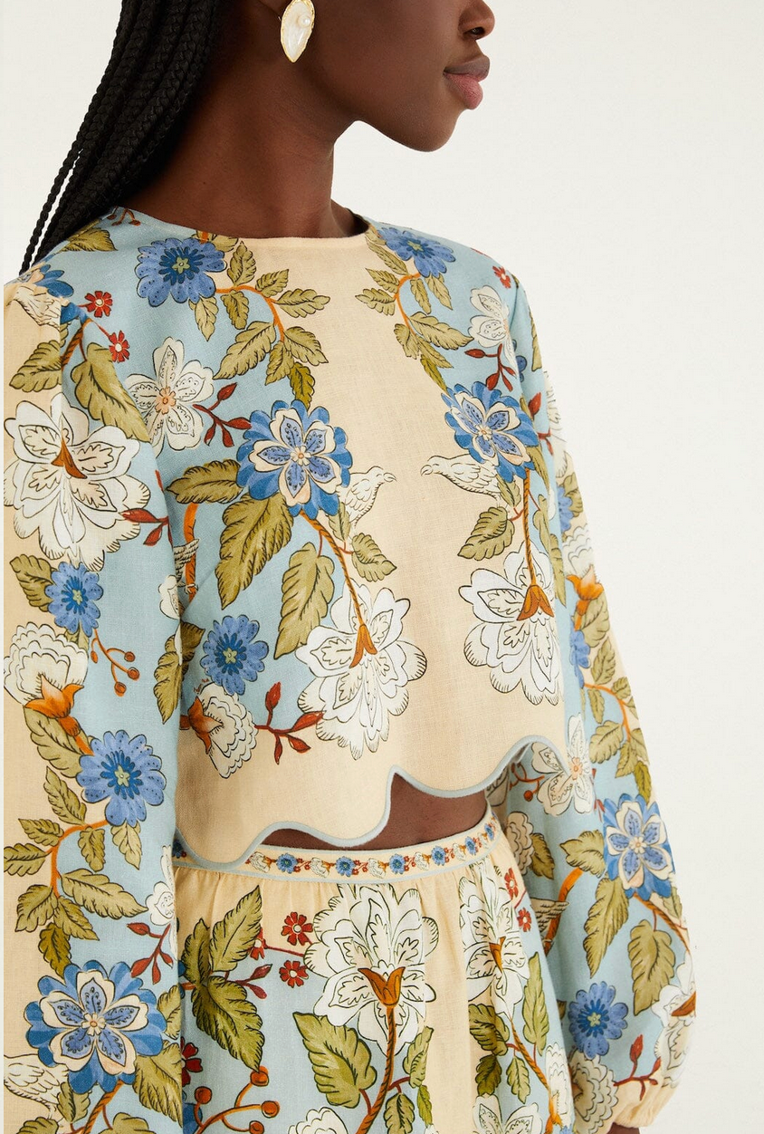 Garden Scarf Linen Blouse-Tops-Farm Rio-Cream / Blue-XS-Mercantile Portland