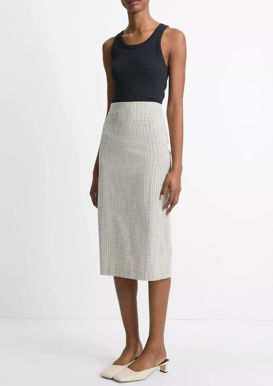 Gardener's Check Cotton Pencil Skirt-Skirts and Shorts-Vince-Stone/ Tan-00-Mercantile Portland