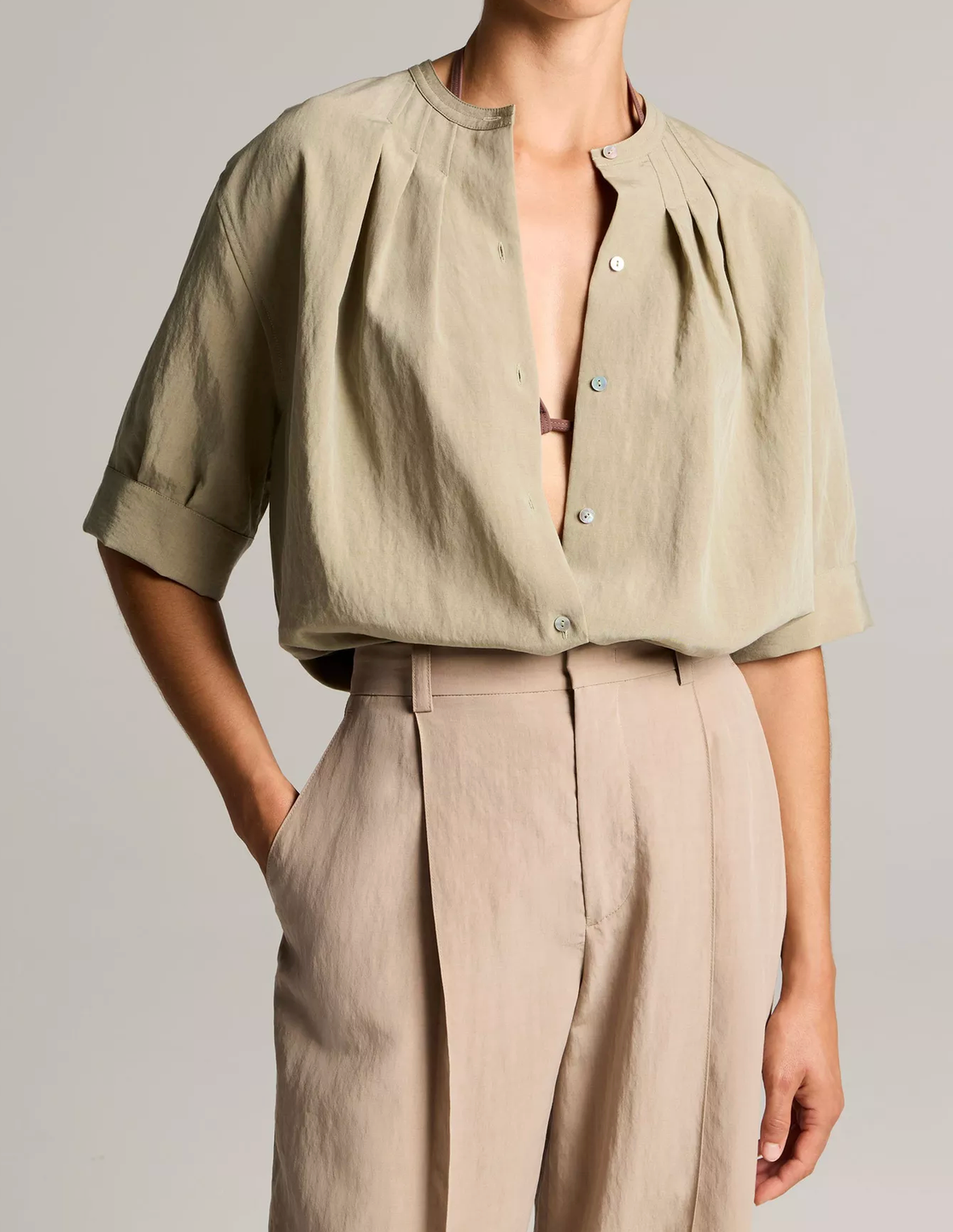 Gathered A-Line Shirt in Salted Moss-Shirts-Vince-Salted Moss-XXS-Mercantile Portland