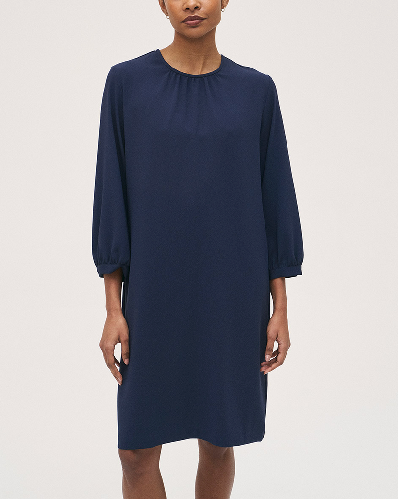 Gathered Neck Shift Dress-Dresses-Rosso35-Deep Ocean-38-Mercantile Portland