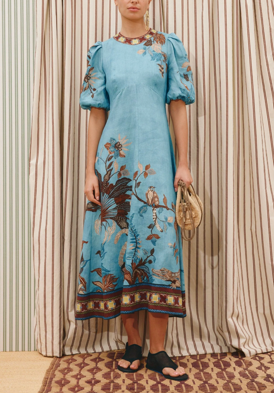 Georgie Midi Linen Dress-Dresses-Alémais-Animals on Blue-4-Mercantile Portland