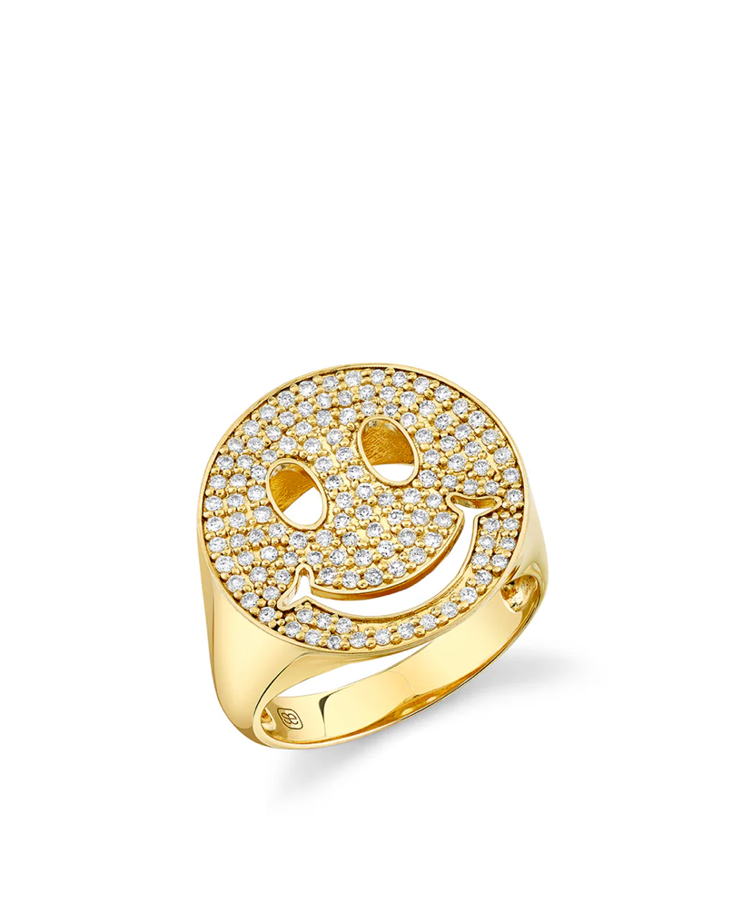 Gold & Diamond Large Happy Face Signet Ring-Jewelry-Sydney Evan-Yellow Gold-6.5-Mercantile Portland