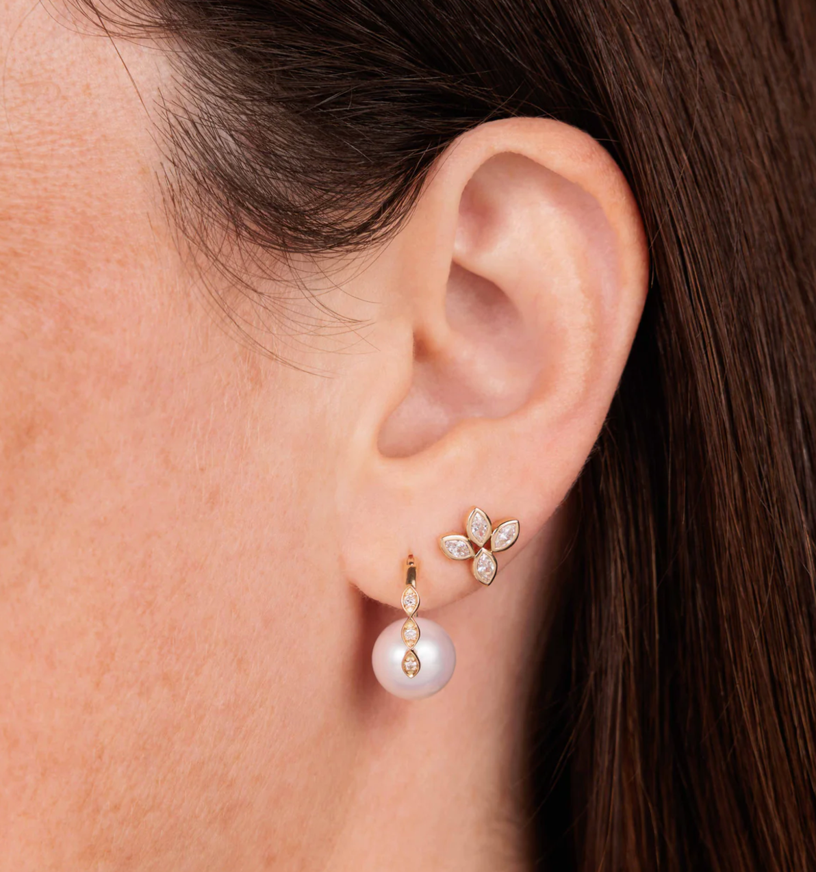 Gold & Diamond Marquise Eye Pearl Earrings-Accessories-Sydney Evan-Yellow Gold-OS-Mercantile Portland