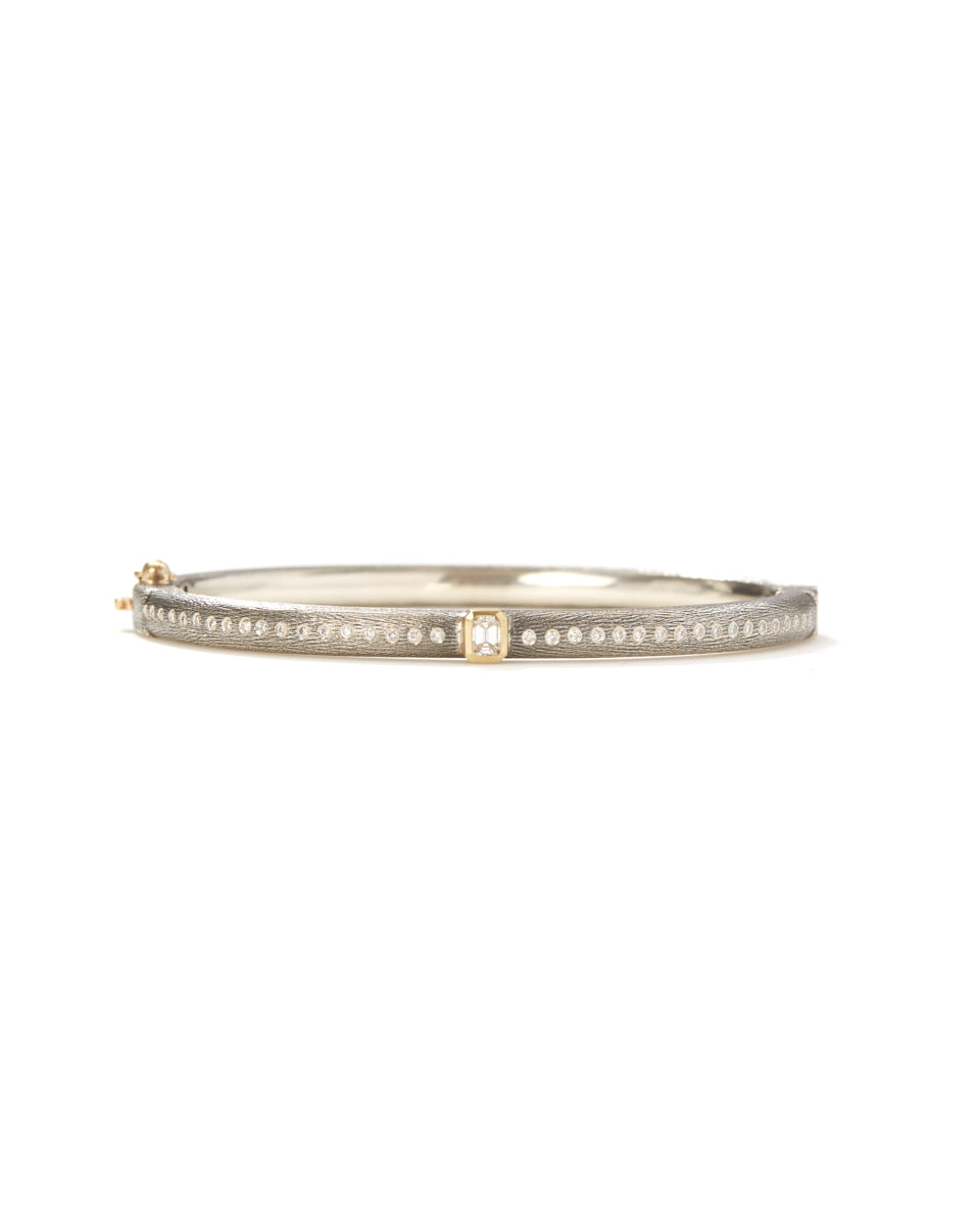 Gypsy Lux 4mm Sterling Silver, Yellow Gold Bezel Emerald Cut Diamond Bangle-Accessories-Rene Escobar-Mercantile Portland