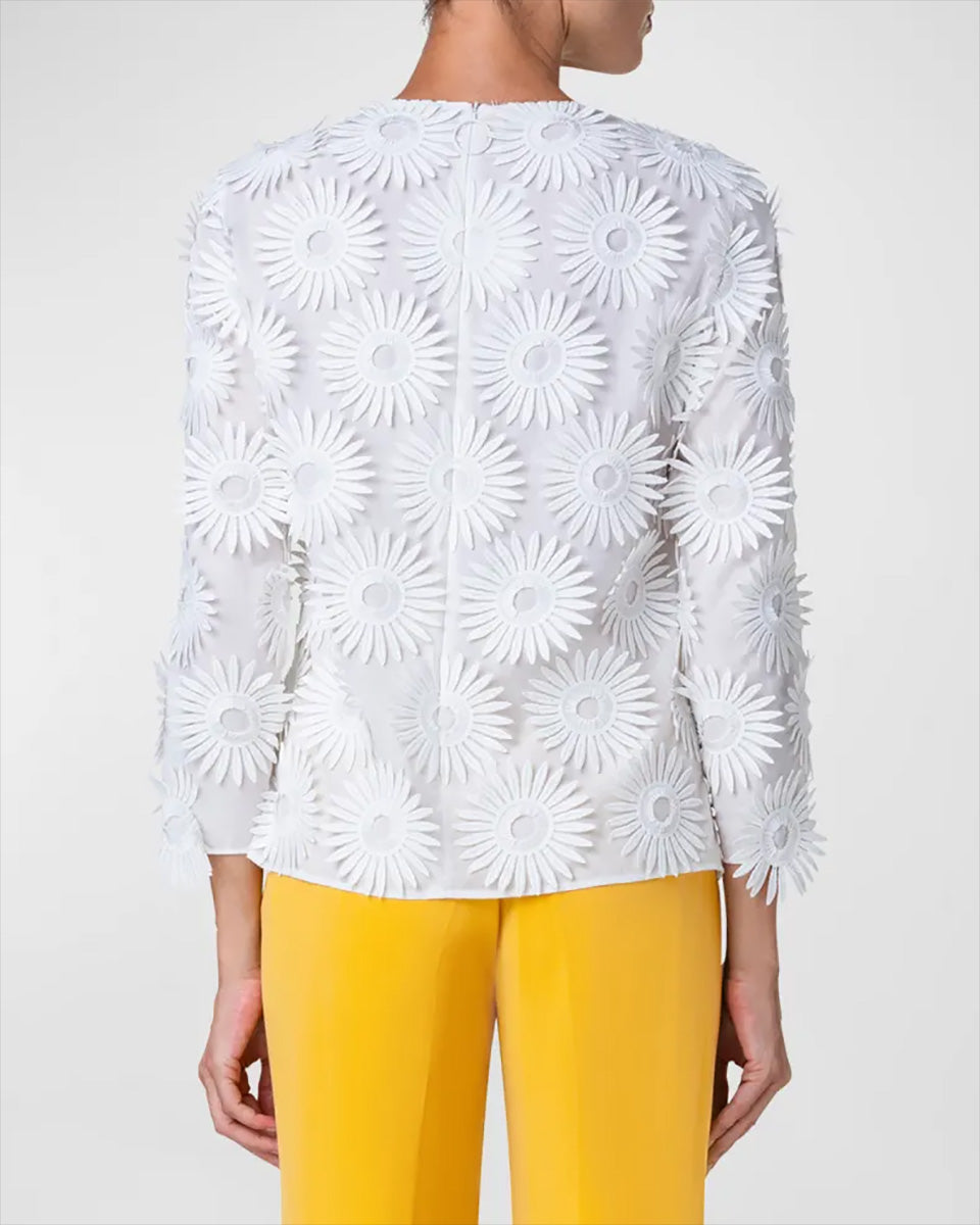 Hello Sunshine Superpose Embroidered Cotton Popeline Bracelet-Sleeve Blouse-Clothing-Akris Punto-Cream-2-Mercantile Portland