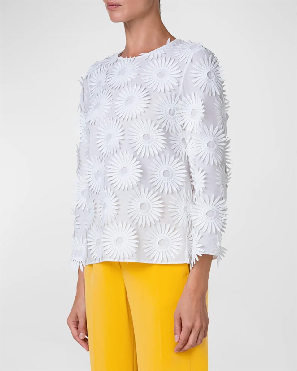 Hello Sunshine Superpose Embroidered Cotton Popeline Bracelet-Sleeve Blouse-Clothing-Akris Punto-Cream-2-Mercantile Portland
