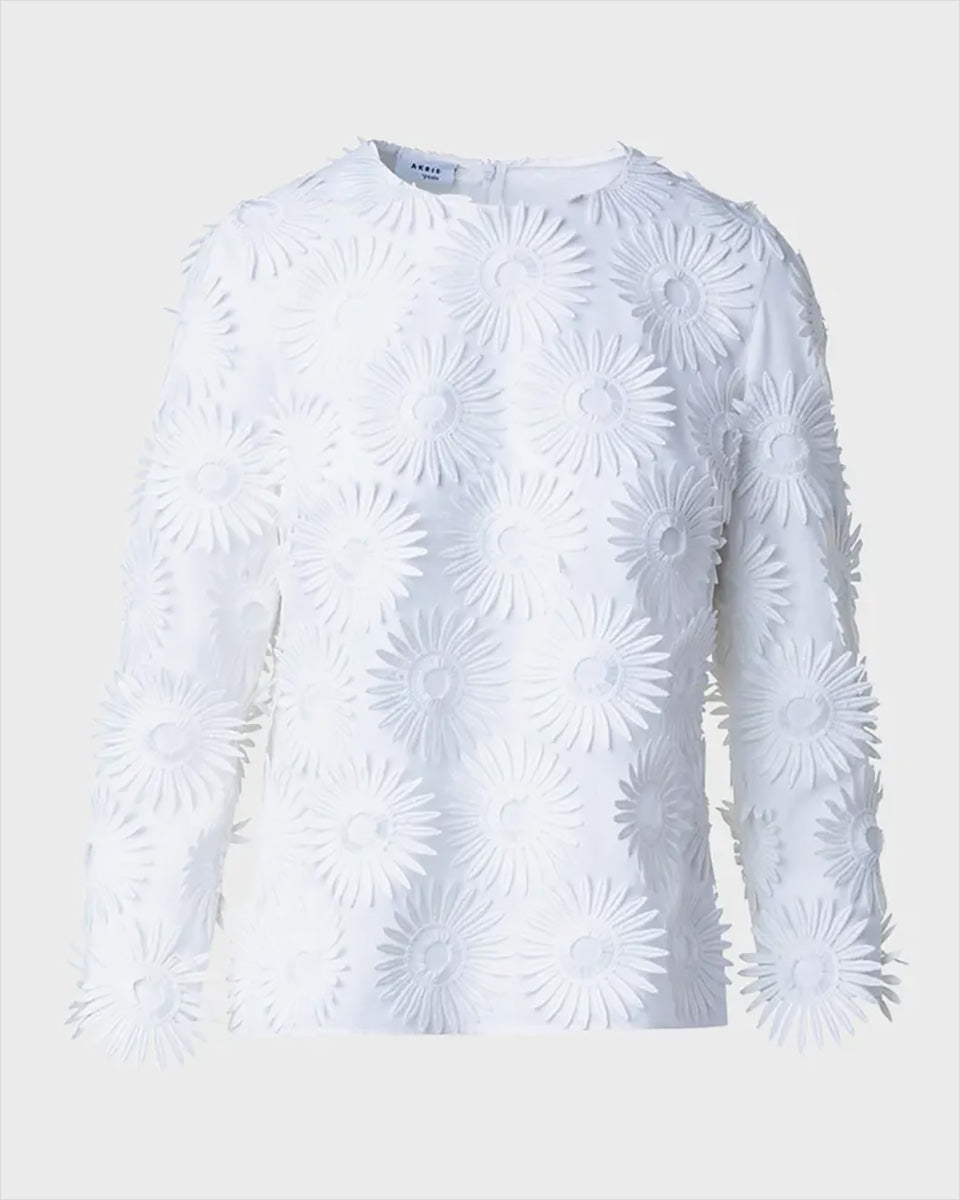 Hello Sunshine Superpose Embroidered Cotton Popeline Bracelet-Sleeve Blouse-Clothing-Akris Punto-Cream-2-Mercantile Portland