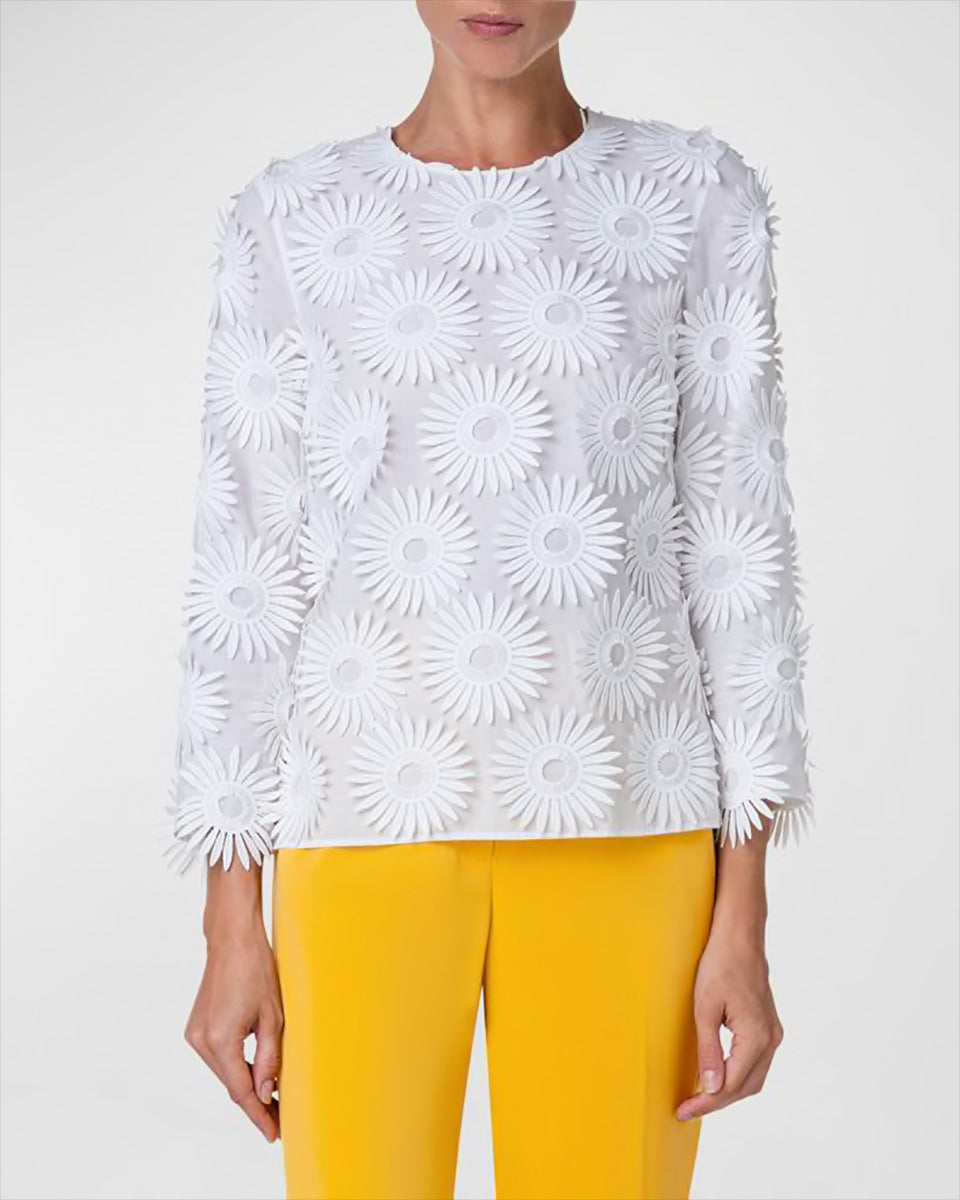 Hello Sunshine Superpose Embroidered Cotton Popeline Bracelet-Sleeve Blouse-Clothing-Akris Punto-Cream-2-Mercantile Portland