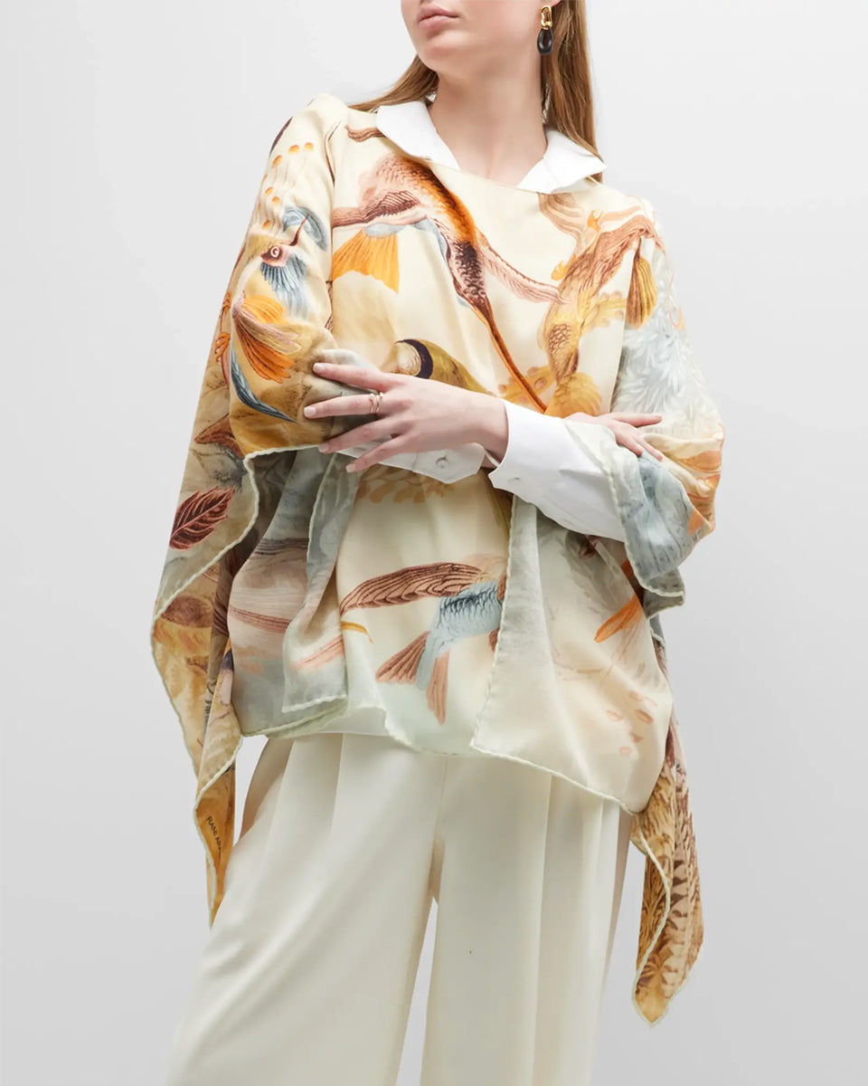 Humming Bird Cashmere Printed Poncho – Orange-Blue-Accessories-Rani Arabella-OS-Mercantile Portland
