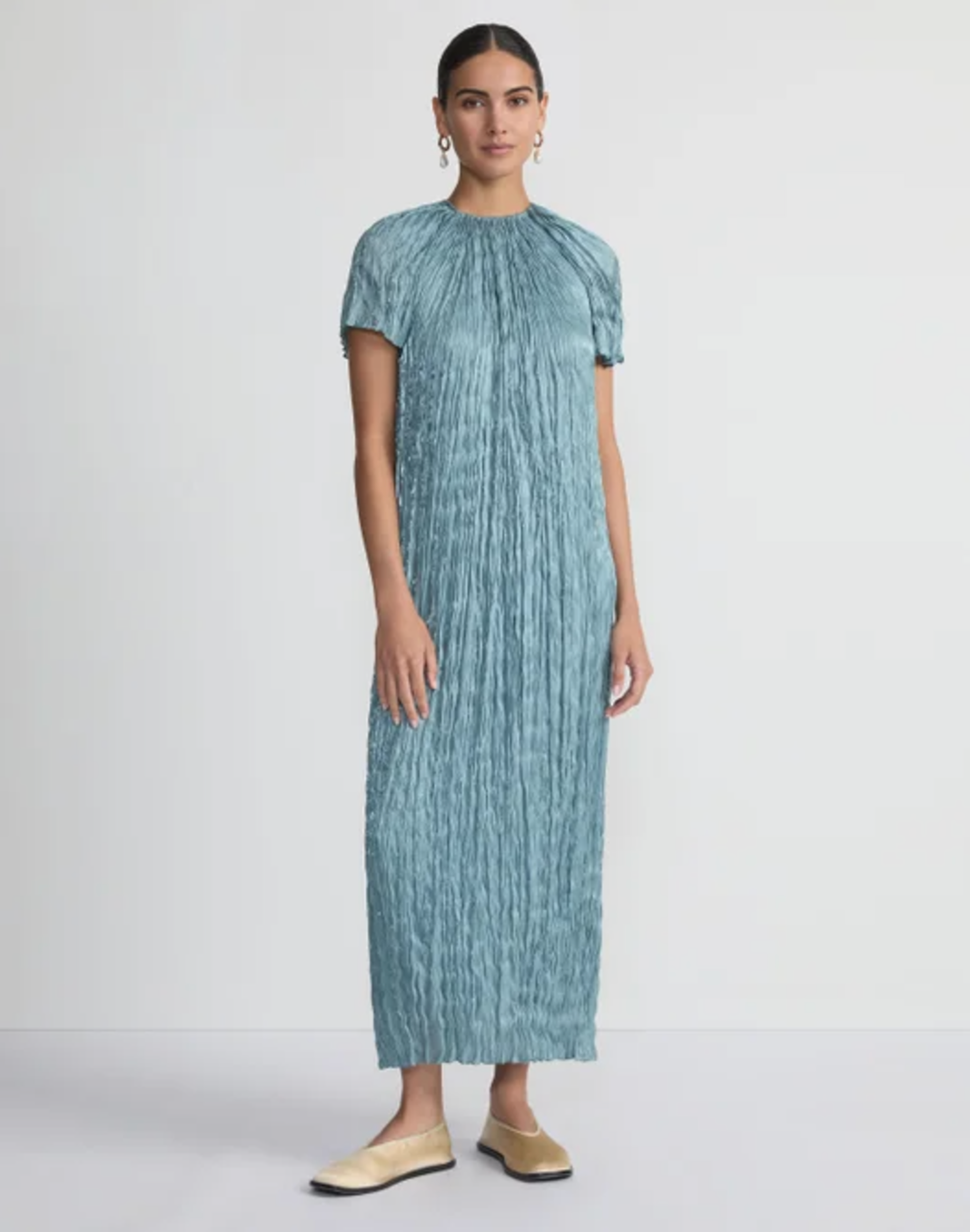 Iridescent Twill Plissé Maxi Dress-Clothing-Lafayette 148-Lagoon Green-XS-Mercantile Portland